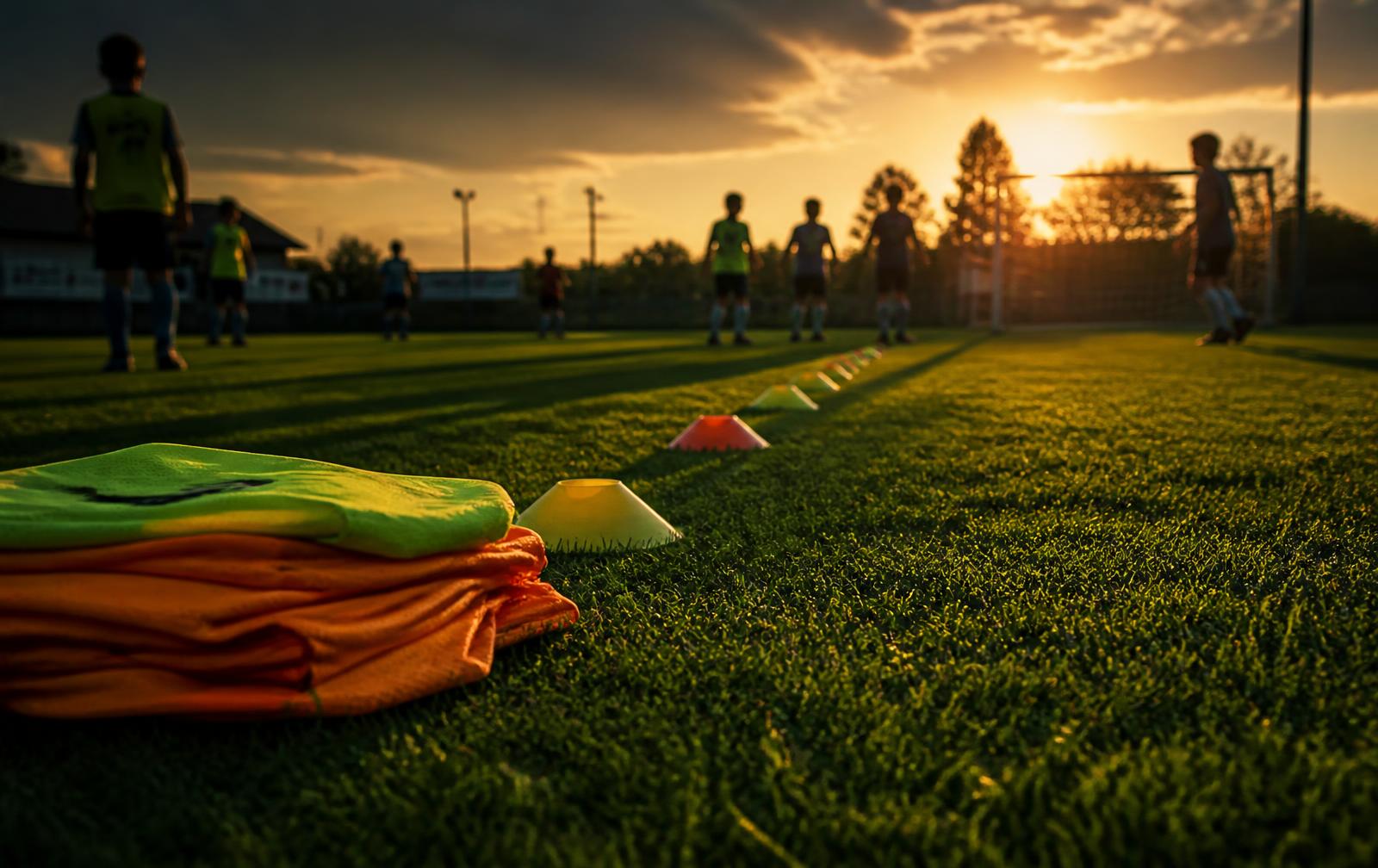 Grassroots football training session at golden hour with cones and bibs on the pitch